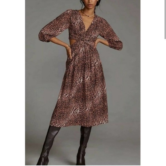 Nwt Anthropologie Ranna Gill Leopard Print Cut Out Flowy Midi Dress $190